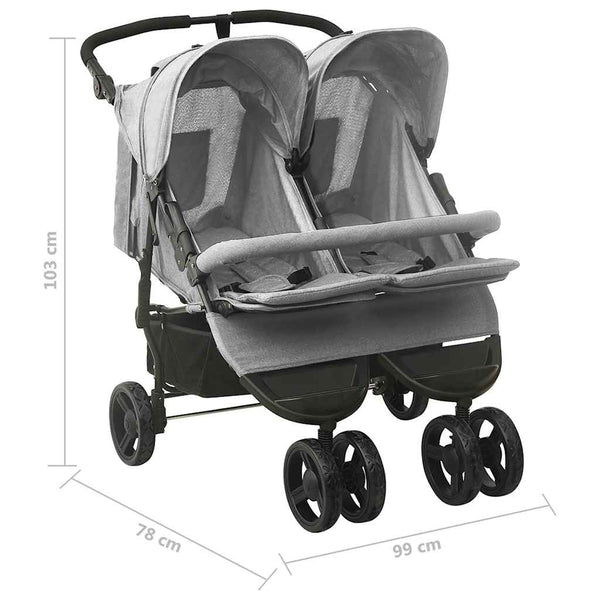 vidaXL Tandem Stroller Light Grey Steel