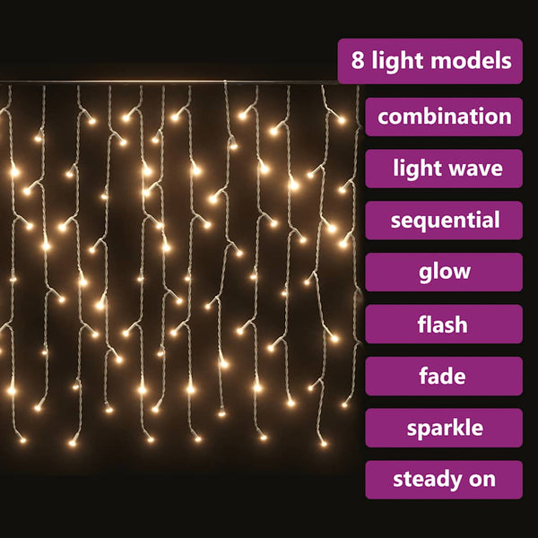 vidaXL LED Icicle String Lights 10 m 400 LED Warm White 8 Functions