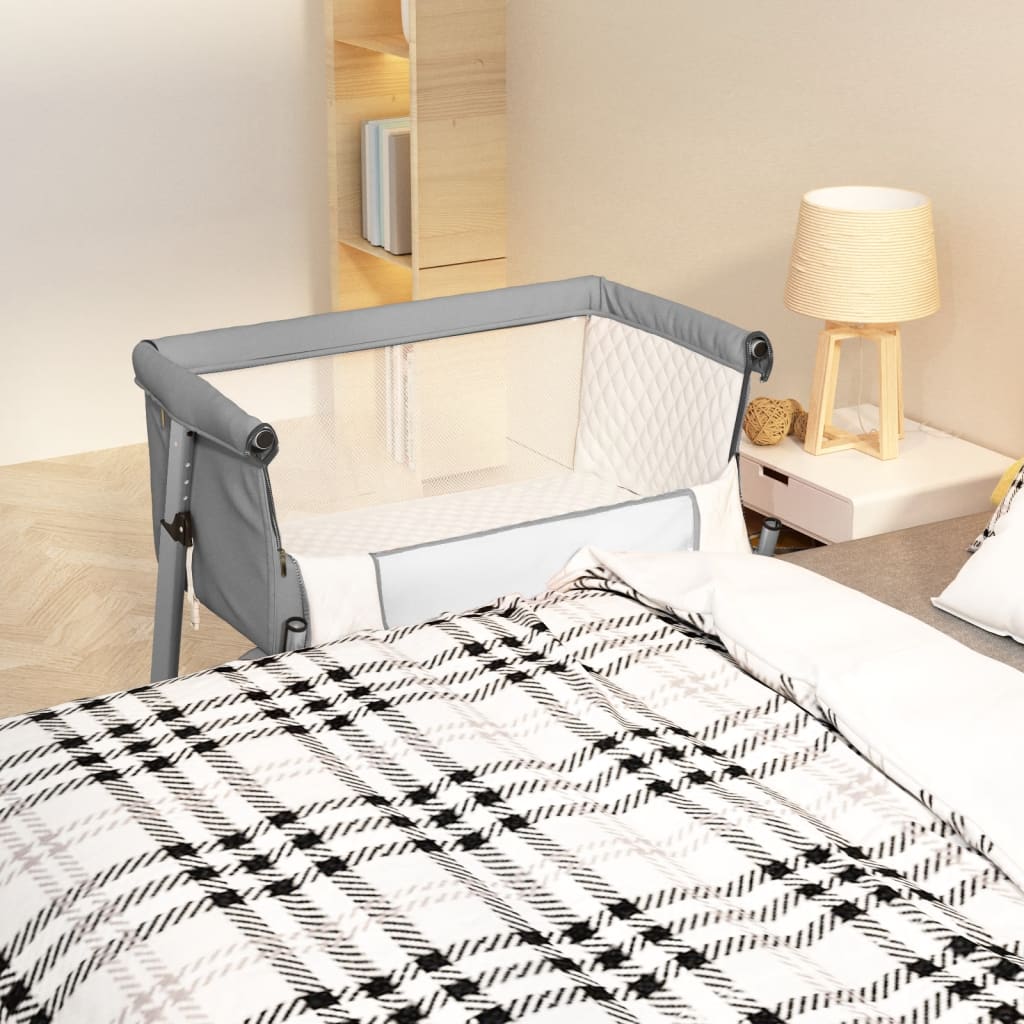 vidaXL Baby Cot with Mattress Light Grey Linen Fabric