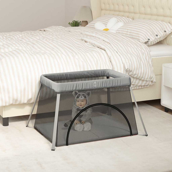 vidaXL Playpen with Mattress Light Grey Linen Fabric