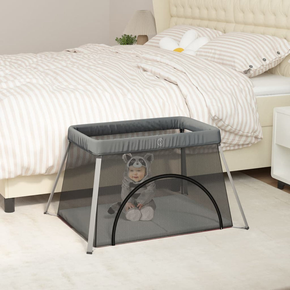 vidaXL Baby Playpen with Mattress Dark Grey Linen Fabric