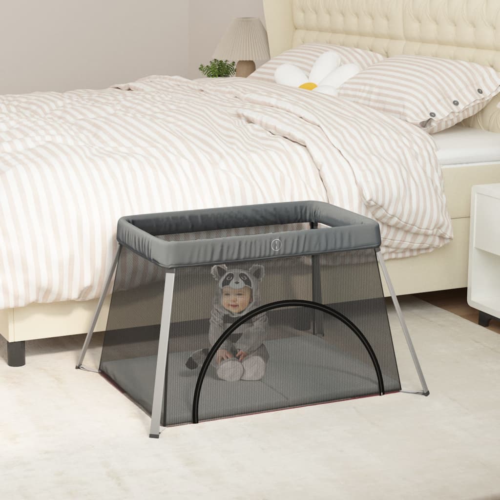vidaXL Baby Playpen with Mattress Dark Grey Linen Fabric