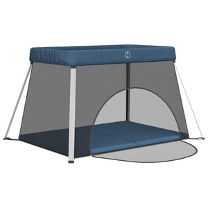 vidaXL Baby Playpen with Mattress Navy Blue Linen Fabric