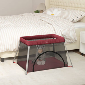 vidaXL Baby Playpen with Mattress Red Linen Fabric