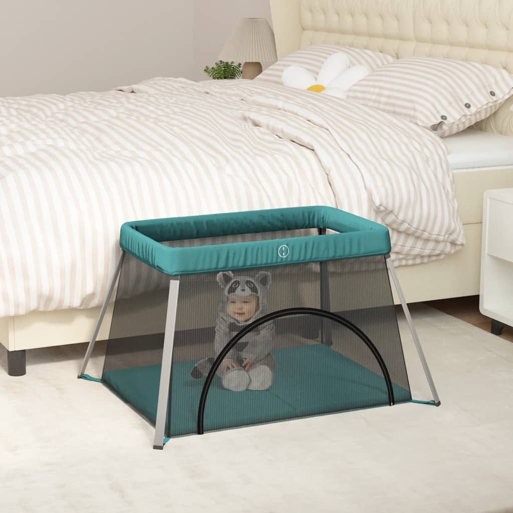 vidaXL Baby Playpen with Mattress Green Linen Fabric