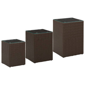 vidaXL Side Tables 3 pcs. with Glass Tops Brown Poly Rattan