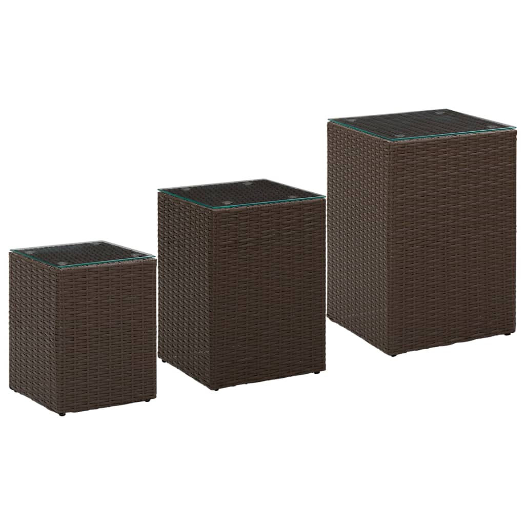 vidaXL Side Tables 3 pcs. with Glass Tops Brown Poly Rattan