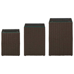 vidaXL Side Tables 3 pcs. with Glass Tops Brown Poly Rattan