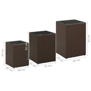vidaXL Side Tables 3 pcs. with Glass Tops Brown Poly Rattan