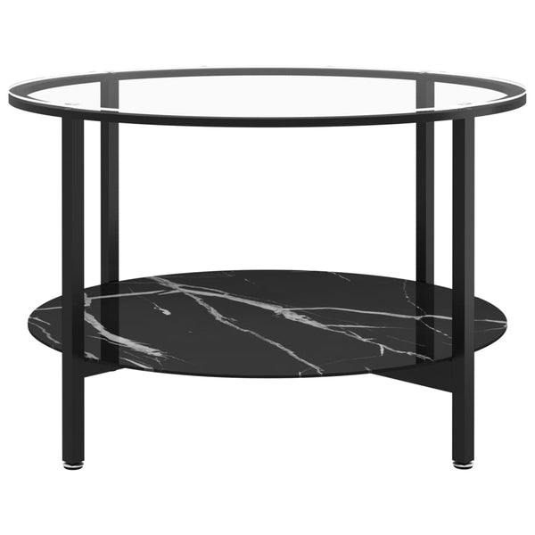 vidaXL Side Table Black and Black Marble Look 70 cm Tempered Glass