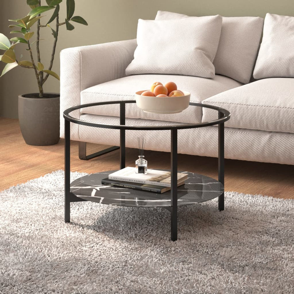 vidaXL Side Table Black and Black Marble Look 70 cm Tempered Glass