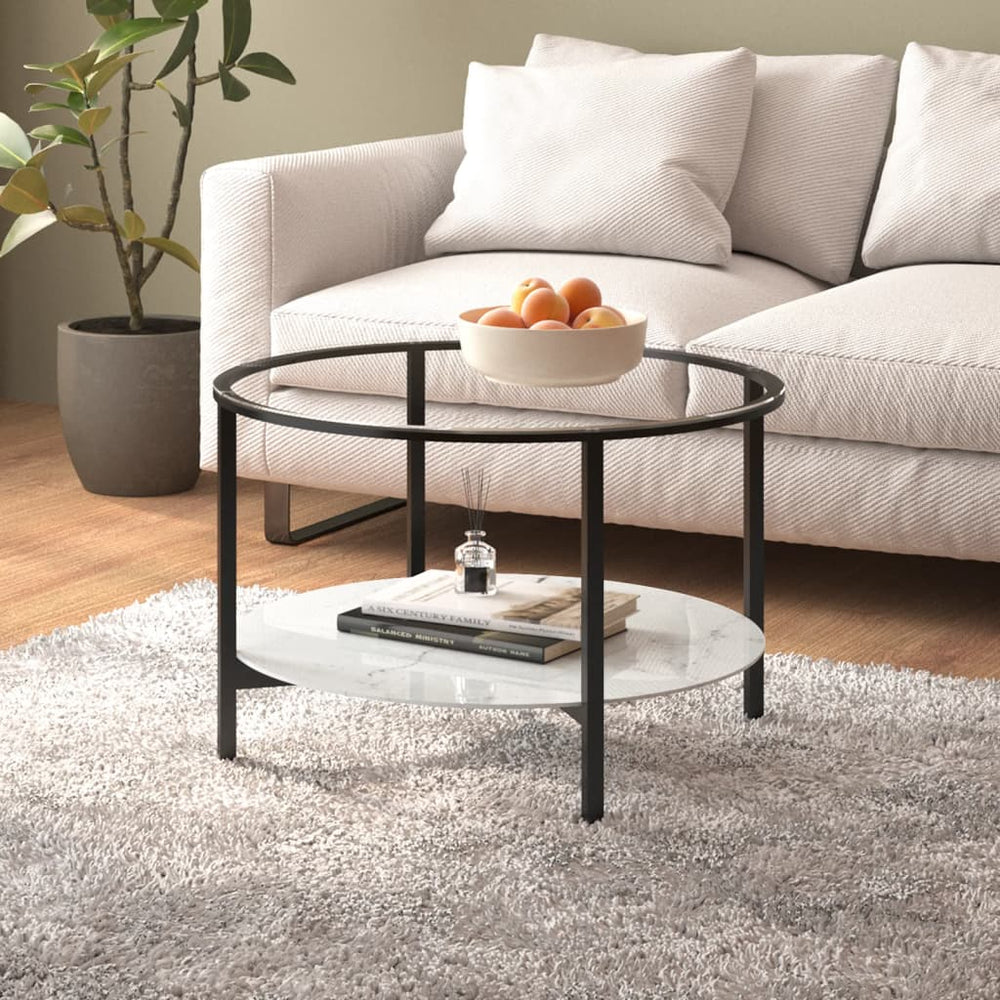 vidaXL Side Table Black and White Marble Look 70 cm Tempered Glass