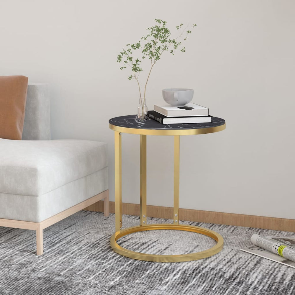 vidaXL Side Table Golden and Black Marble Look 45 cm Tempered Glass