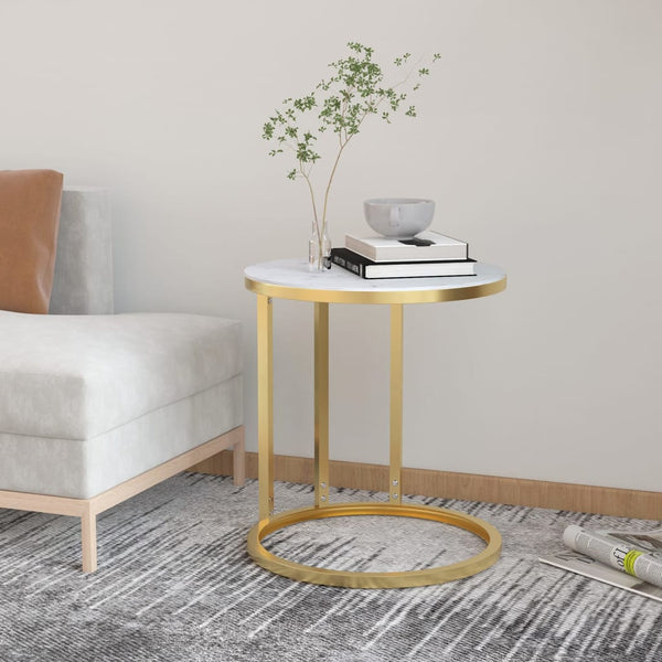 vidaXL Side Table Gold and White Marble Look 45 cm Tempered Glass