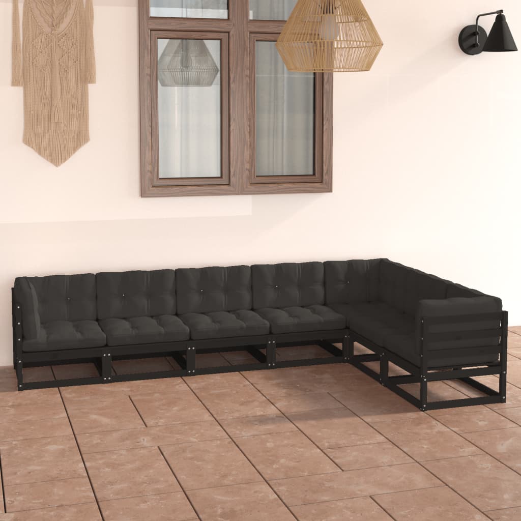 vidaXL 7-piece Garden Lounge Set with Cushions Black Solid Pine Wood