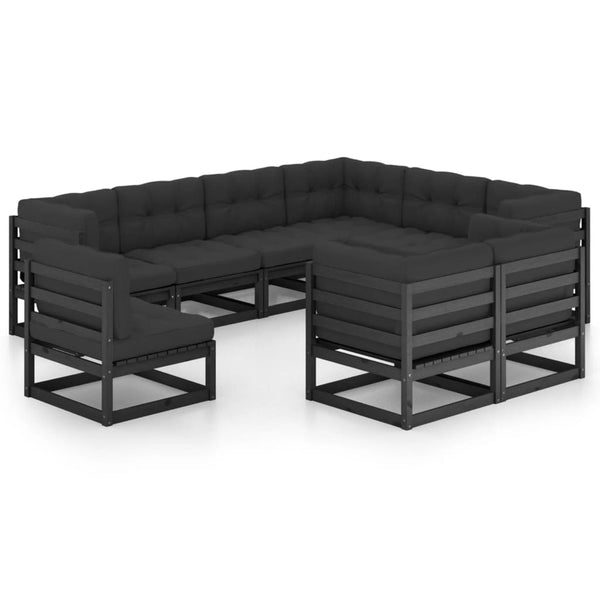 vidaXL 9-piece Garden Lounge Set with Cushions Black Solid Pine Wood