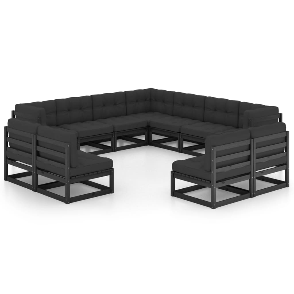 vidaXL 11-piece Garden Lounge Set with Cushions Black Solid Pine Wood