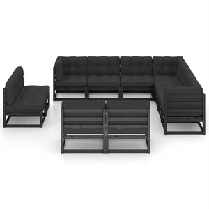 vidaXL 11-piece Garden Lounge Set with Cushions Black Solid Pine Wood