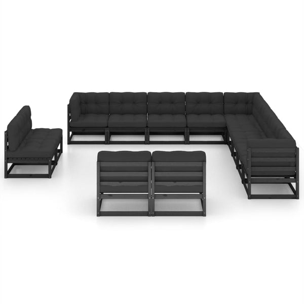 vidaXL 13-Piece Garden Lounge Set with Cushions Black Solid Pine Wood