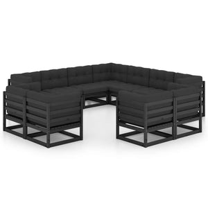 vidaXL 11-piece Garden Lounge Set with Cushions Black Solid Pine Wood