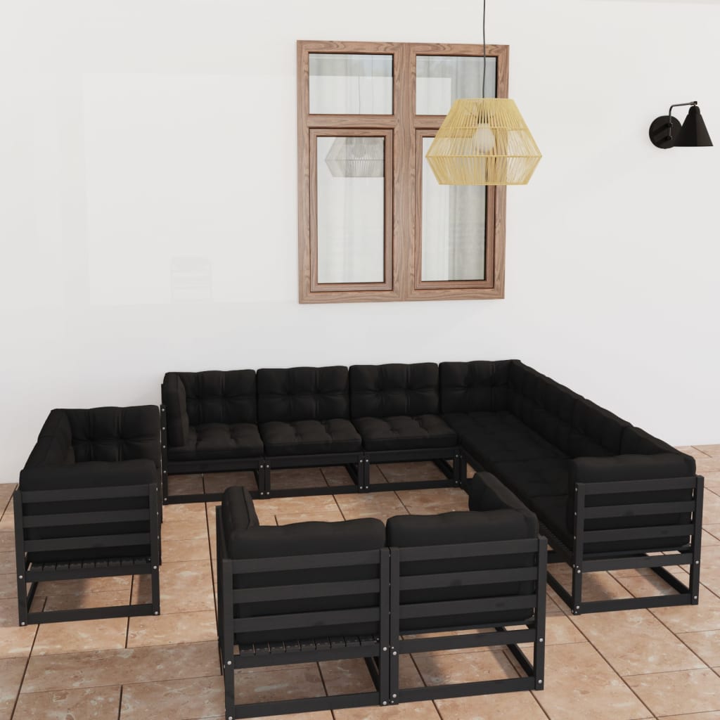 vidaXL 11-piece Garden Lounge Set with Cushions Black Solid Pine Wood