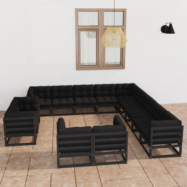 vidaXL 13-Piece Garden Lounge Set with Cushions Black Solid Pine Wood
