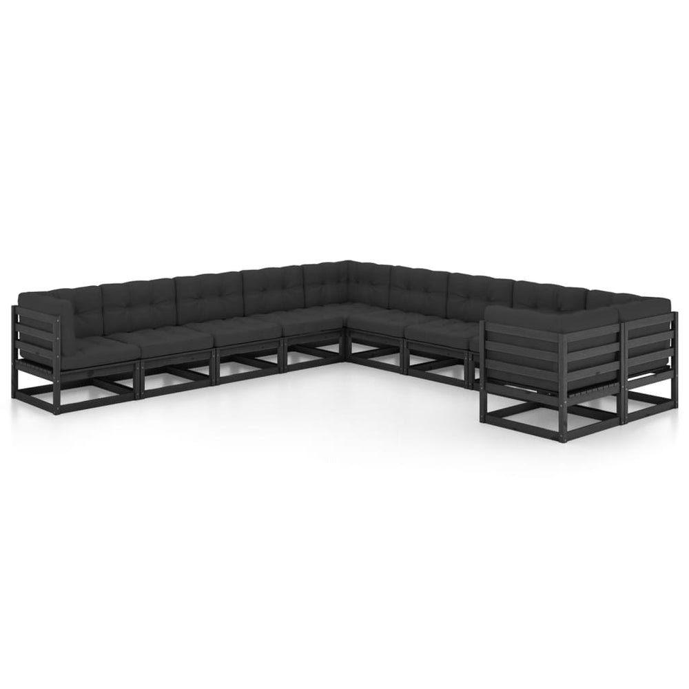 vidaXL 10-piece Garden Lounge Set with Cushions Black Solid Pine Wood