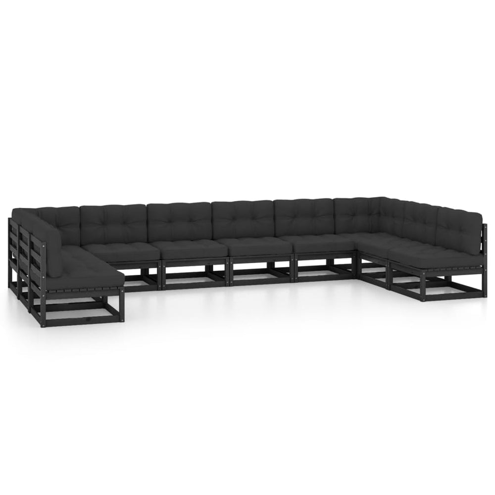 vidaXL 10-piece Garden Lounge Set with Cushions Black Solid Pine Wood