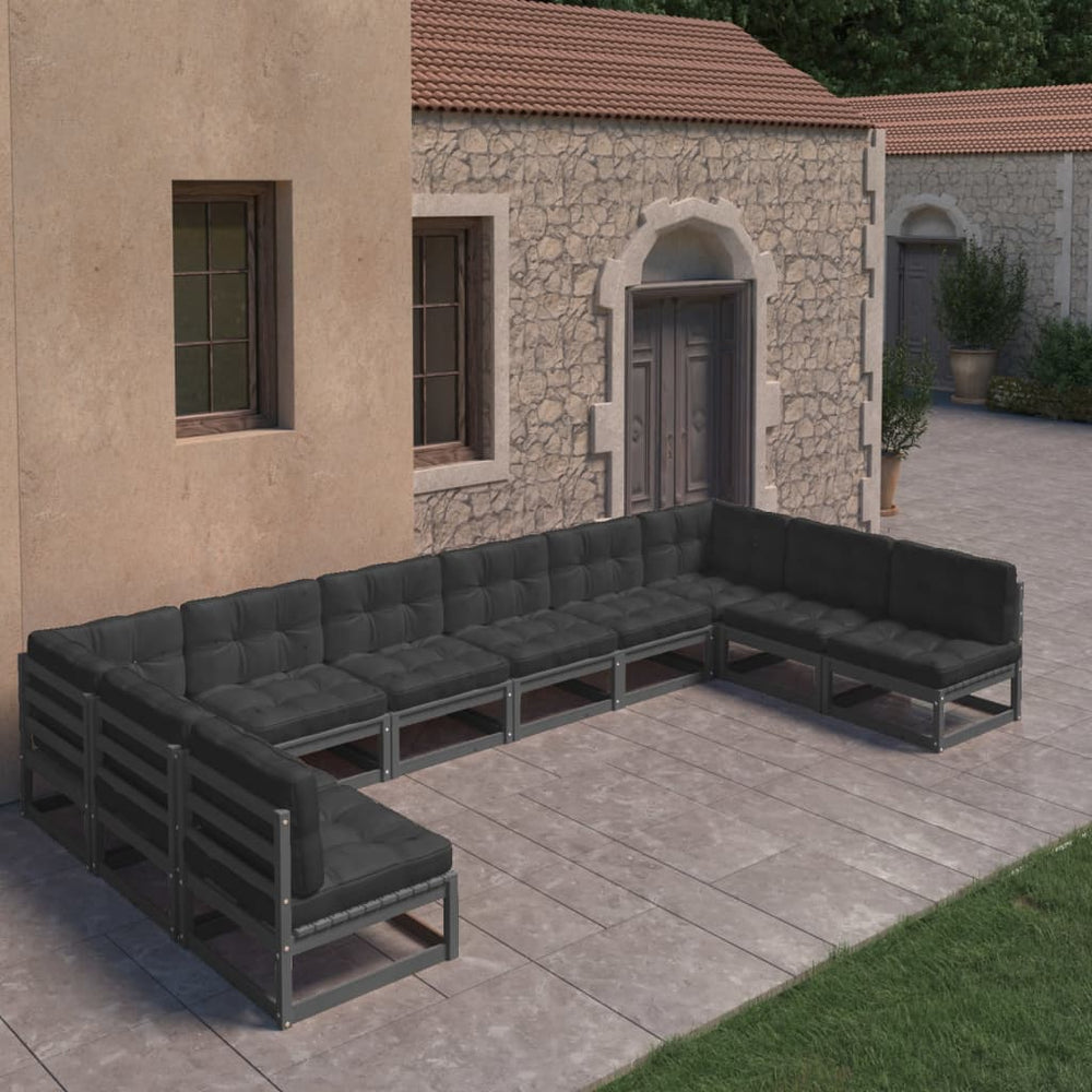 vidaXL 10-piece Garden Lounge Set with Cushions Black Solid Pine Wood