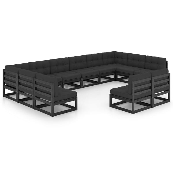 vidaXL 12-Piece Garden Lounge Set with Cushions Black Solid Pine Wood