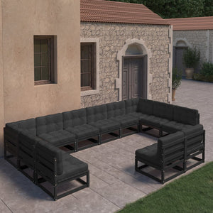 vidaXL 12-Piece Garden Lounge Set with Cushions Black Solid Pine Wood