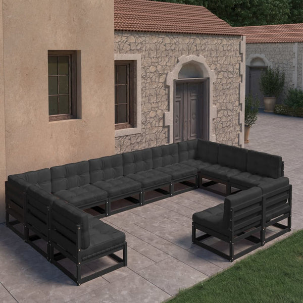 vidaXL 12-Piece Garden Lounge Set with Cushions Black Solid Pine Wood