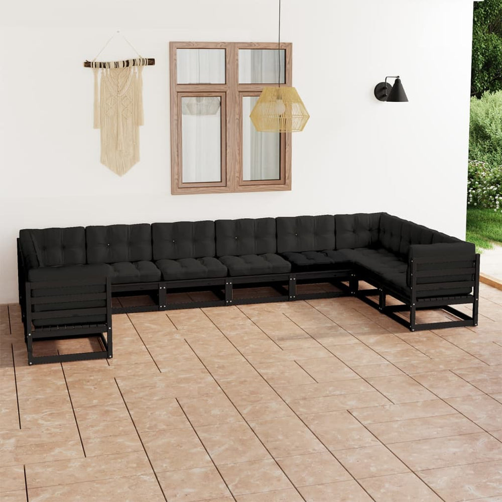 vidaXL 10-piece Garden Lounge Set with Cushions Black Solid Pine Wood