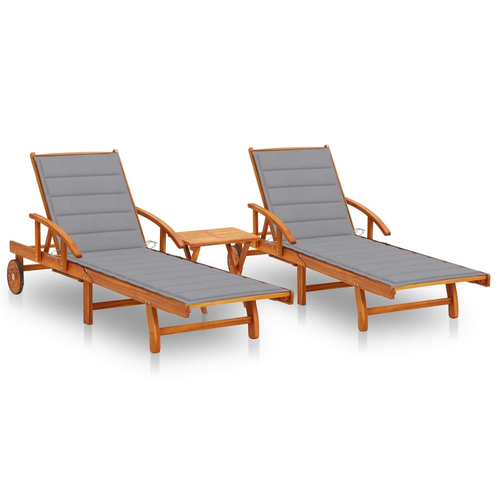 vidaXL Sun Loungers 2 pcs. with Table and Cushions Solid Acacia Wood