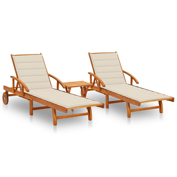 vidaXL Sun Loungers 2 pcs. with Table and Cushions Solid Acacia Wood