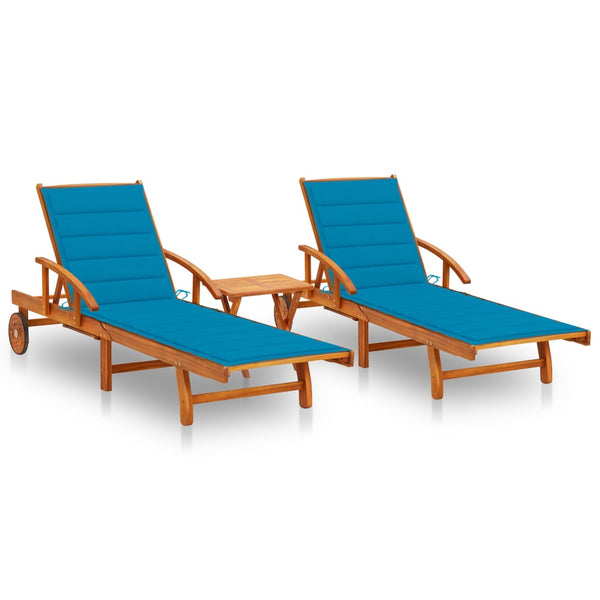 vidaXL Sun Loungers 2 pcs. with Table and Cushions Solid Acacia Wood