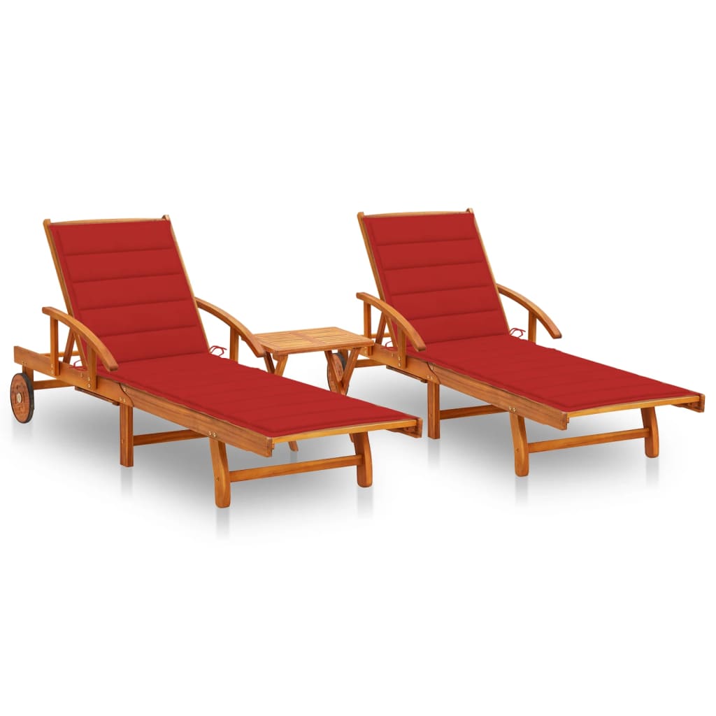 vidaXL Sun Loungers 2 pcs. with Table and Cushions Solid Acacia Wood