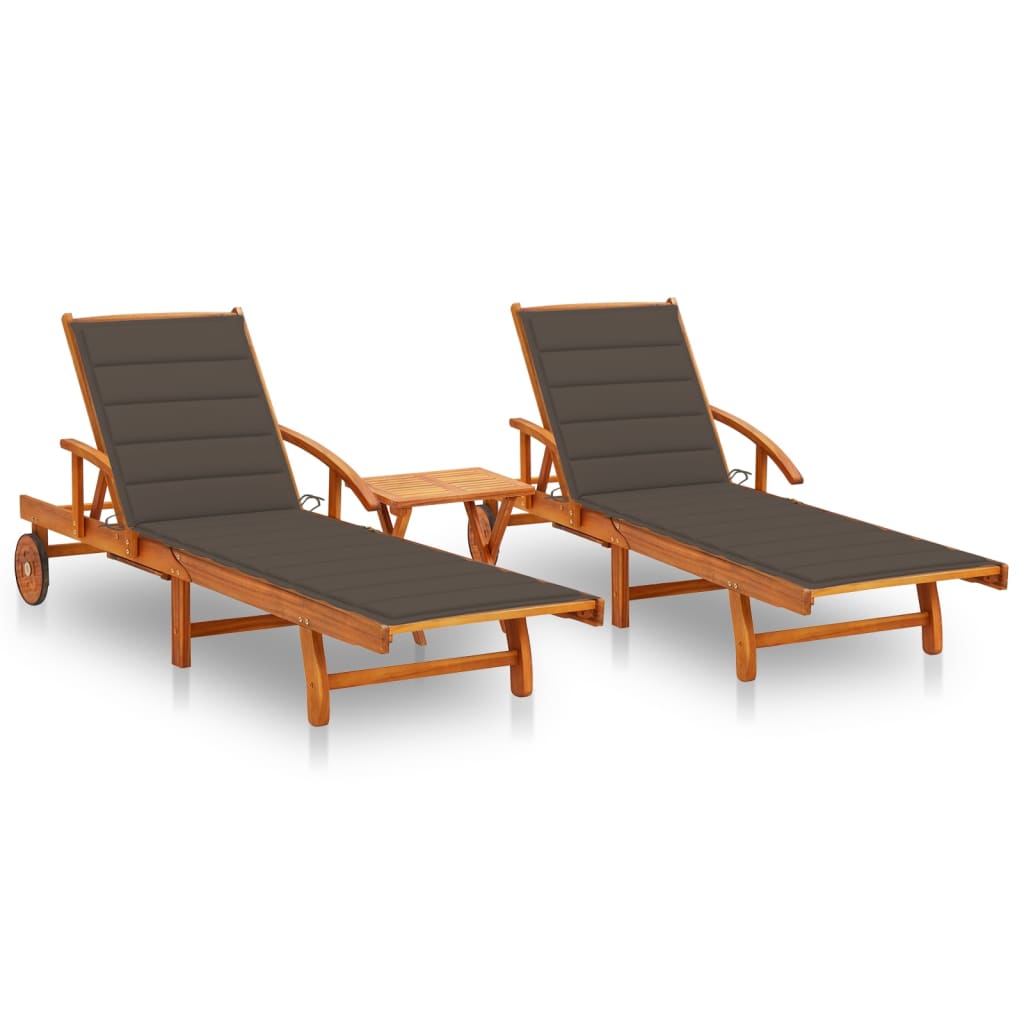 vidaXL Sun Loungers 2 pcs. with Table and Cushions Solid Acacia Wood