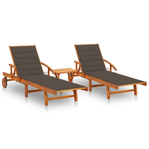 vidaXL Sun Loungers 2 pcs. with Table and Cushions Solid Acacia Wood