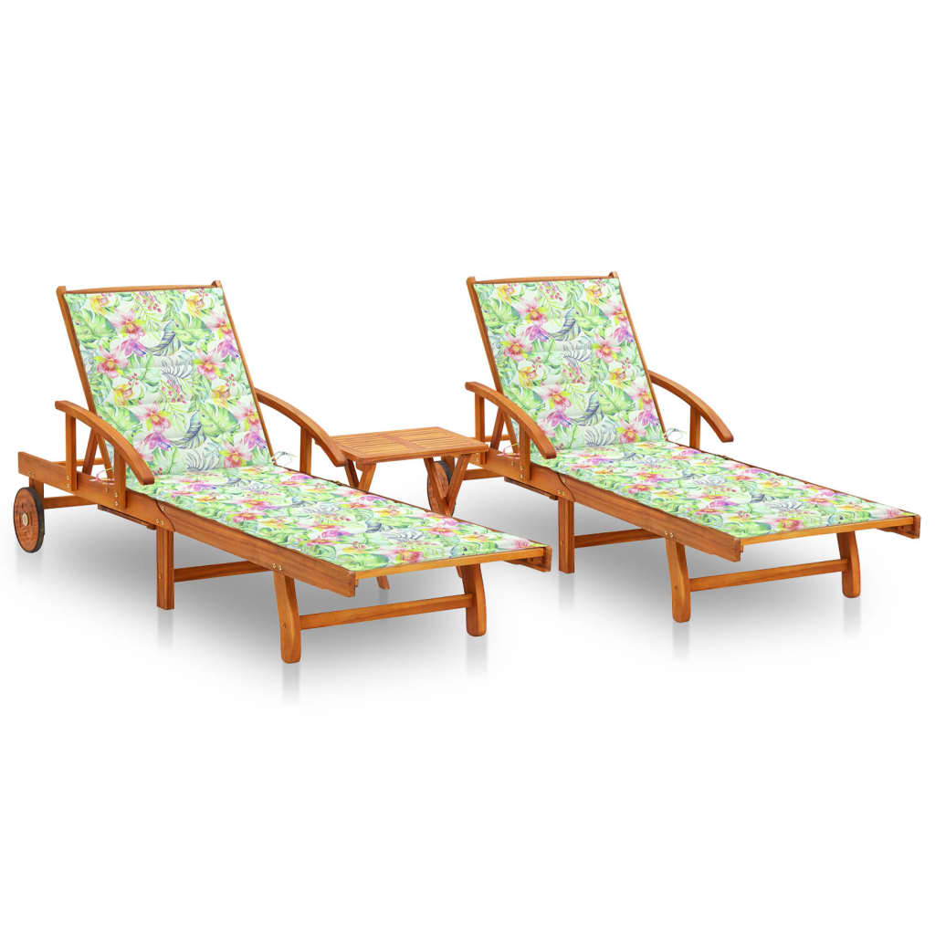 vidaXL Sun Loungers 2 pcs. with Table and Cushions Solid Acacia Wood