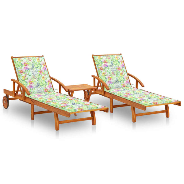 vidaXL Sun Loungers 2 pcs. with Table and Cushions Solid Acacia Wood