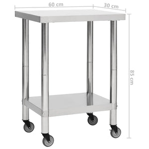 vidaXL Kitchen Work Table with Wheels 60x30x85 cm Stainless Steel
