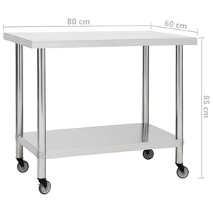 vidaXL Kitchen Prep & Work Table with Wheels 80x60x85 cm Stainless Steel