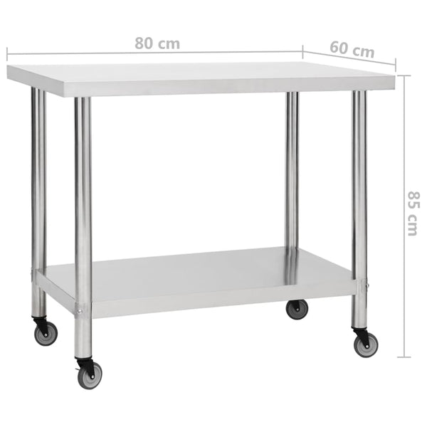 vidaXL Kitchen Prep & Work Table with Wheels 80x60x85 cm Stainless Steel