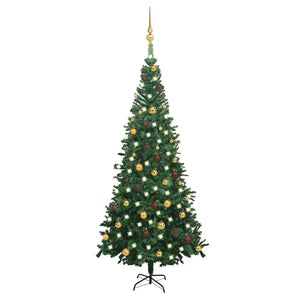 vidaXL Artificial Christmas Tree with Lights and Baubles, L 240 cm, Green