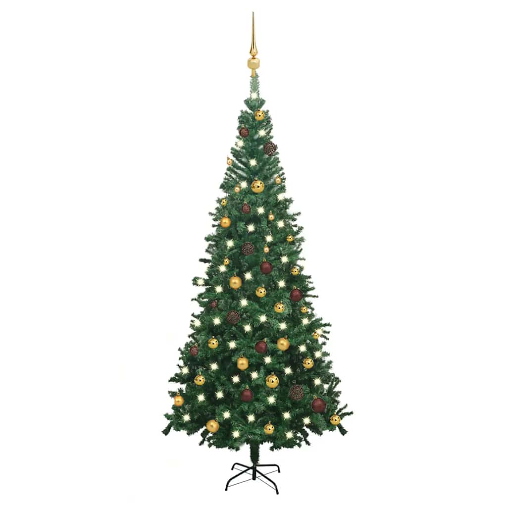 vidaXL Artificial Christmas Tree with Lights and Baubles, L 240 cm, Green