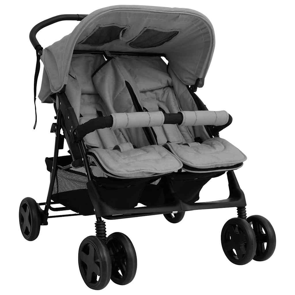 vidaXL Twin Stroller Light Gray Steel