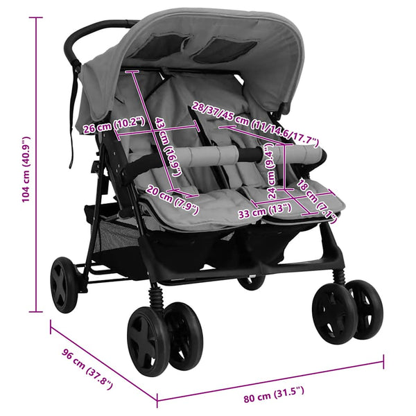 vidaXL Twin Stroller Light Gray Steel