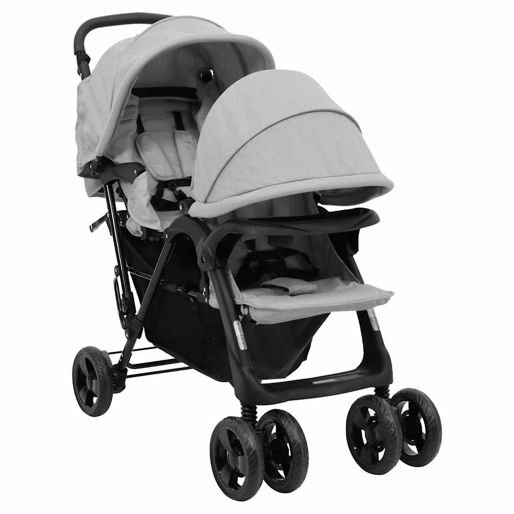 vidaXL Tandem Twin Stroller Light Grey Steel