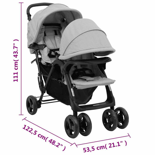 vidaXL Tandem Twin Stroller Light Grey Steel